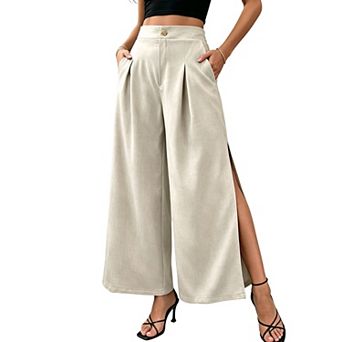 Women's Wide Leg Pants High Waist Pleated Details Side Slit Button Closure Side Pockets Pants