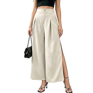 Women's Wide Leg Pants High Waist Pleated Details Side Slit Button Closure Side Pockets Pants