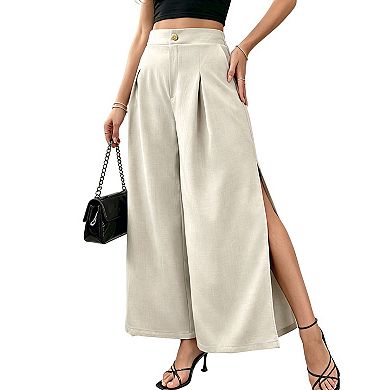 Women's Wide Leg Pants High Waist Pleated Details Side Slit Button Closure Side Pockets Pants