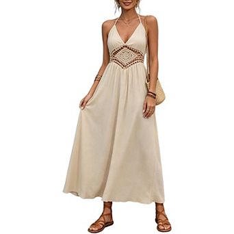 Women's Halter Maxi Dress Deep V Neckline Open Back with Tie Crochet Flowy A Line Dress