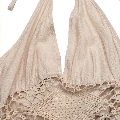 Women's Halter Maxi Dress Deep V Neckline Open Back with Tie Crochet Flowy A Line Dress
