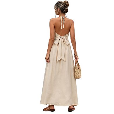 Women's Halter Maxi Dress Deep V Neckline Open Back with Tie Crochet Flowy A Line Dress
