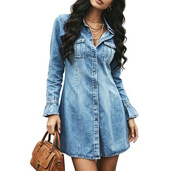 Women's Denim Shirt Dress Collared Neckline Button Front Chest Pockets Lightweight Midi Dress