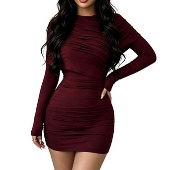 Women's Bodycon Dress Asymmetric Draped Cape Overlay Ruched Detail Long Sleeves Stretchy Midi Dress