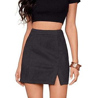 Women's Basic High Waist Faux Suede Side Split Bodycon Mini Pencil Skirt A-Line Business Skirts