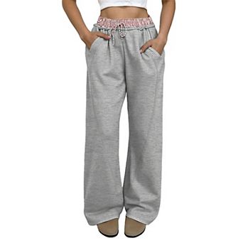 Women's Fleece Sweatpants Smocked Waistband Drawstring Relaxed Wide Leg Side Pockets Lounge Pants