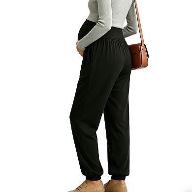 Women's Maternity Joggers Full Panel Belly Band Tapered Lightweight Stretchy Pregnancy Pants