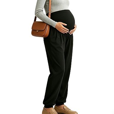 Women's Maternity Joggers Full Panel Belly Band Tapered Lightweight Stretchy Pregnancy Pants
