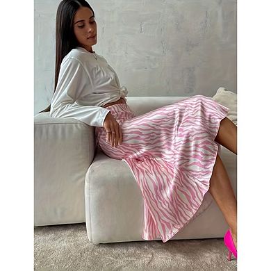 Women's Zebra Print Satin Midi Skirt,Zipper Up Summer Going Out Skirt