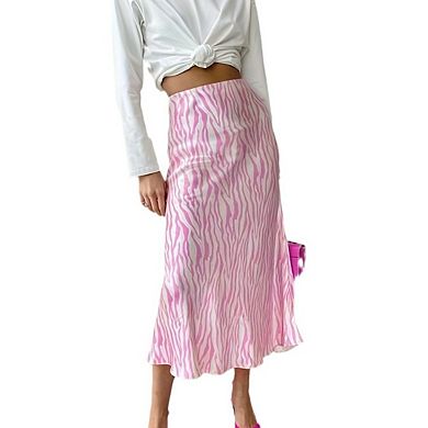 Women's Zebra Print Satin Midi Skirt,Zipper Up Summer Going Out Skirt