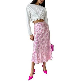 Women's Zebra Print Satin Midi Skirt,Zipper Up Summer Going Out Skirt