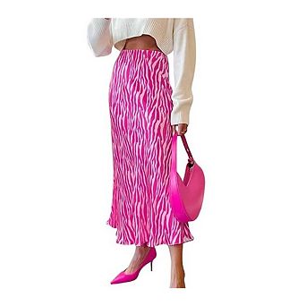 Women's Zebra Print Satin Midi Skirt,Zipper Up Summer Going Out Skirt