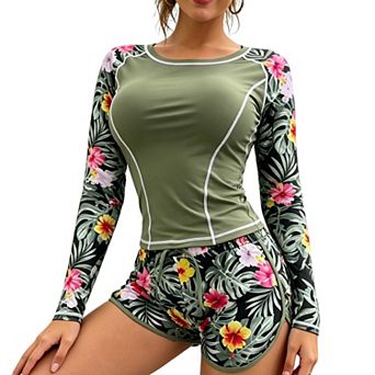 Men's Rash Guard Swimsuit Two Piece Long Sleeve Top Matching Shorts Quick Dry Surf Swimwear