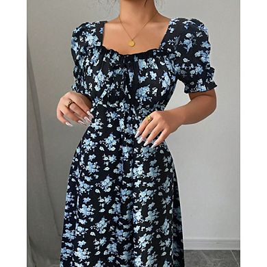Women's A-Line Floral Maxi Dress, Square Neck with Drawstring & Puff Sleeves