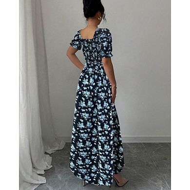 Women's A-Line Floral Maxi Dress, Square Neck with Drawstring & Puff Sleeves