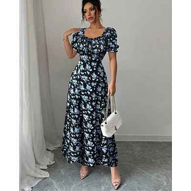Women's A-Line Floral Maxi Dress, Square Neck with Drawstring & Puff Sleeves