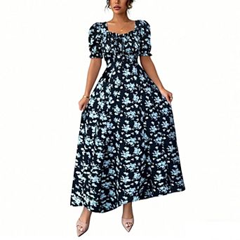Women's A-Line Floral Maxi Dress, Square Neck with Drawstring & Puff Sleeves