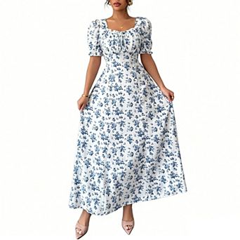 Women's A-Line Floral Maxi Dress, Square Neck with Drawstring & Puff Sleeves