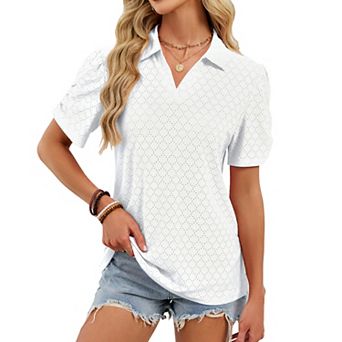 Women's Eyelet Puff Sleeve Polo Shirt, V-Neck Loose Summer T-Shirt