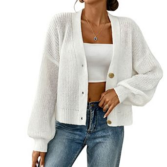 Women's Oversized Cardigan Buttons Down Front Long Sleeves Cropped Knit Sweater Cardigan