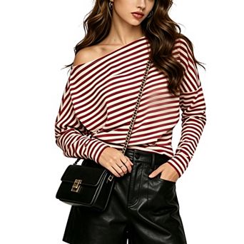 Women's Off The Shoulder Top Striped Dolman Sleeves Loose Fit Stretchy Knit Shirt