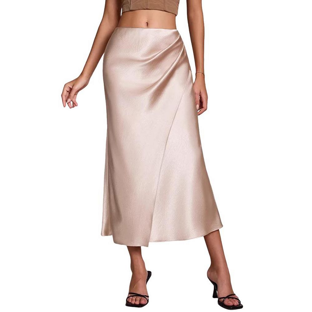 Women's Satin Midi Skirt High Waist Ruched Detailing Wrap Style