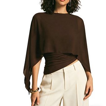 Women's Chiffon Layered Top Sheer Capelet Overlay Asymmetric Hem Round Neckline Shirt for Evening