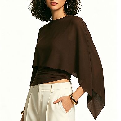 Women's Chiffon Layered Top Sheer Capelet Overlay Asymmetric Hem Round Neckline Shirt for Evening