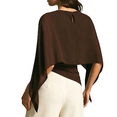 Women's Chiffon Layered Top Sheer Capelet Overlay Asymmetric Hem Round Neckline Shirt for Evening