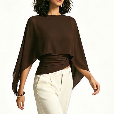 Women's Chiffon Layered Top Sheer Capelet Overlay Asymmetric Hem Round Neckline Shirt for Evening