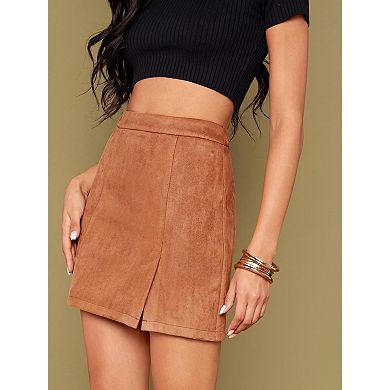 Women's Basic High Waist Faux Suede Side Split Bodycon Mini Pencil Skirt A-Line Business Skirts