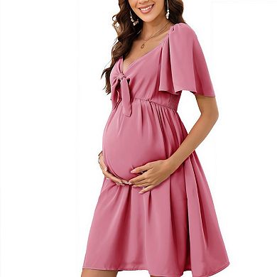 Elegant v Neck Front Tie Design Ruffle Sleeve Maternity Maxi Dress