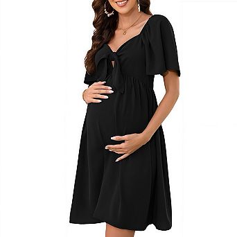 Elegant v Neck Front Tie Design Ruffle Sleeve Maternity Maxi Dress