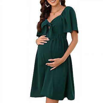 Elegant v Neck Front Tie Design Ruffle Sleeve Maternity Maxi Dress