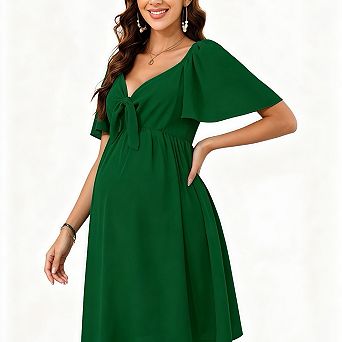 Elegant v Neck Front Tie Design Ruffle Sleeve Maternity Maxi Dress