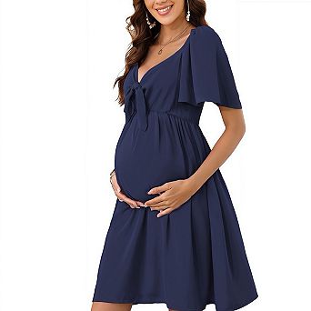 Elegant v Neck Front Tie Design Ruffle Sleeve Maternity Maxi Dress