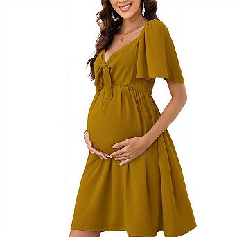 Elegant v Neck Front Tie Design Ruffle Sleeve Maternity Maxi Dress
