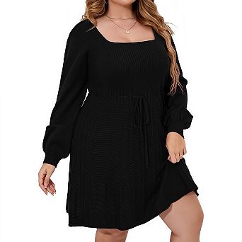 Womens Plus Size Long Sleeve Sweater Dress Fall Dresses Square Neck Knit Babydoll Casual Dresses