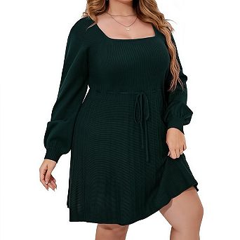 Womens Plus Size Long Sleeve Sweater Dress Fall Dresses Square Neck Knit Babydoll Casual Dresses