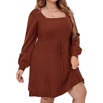 Womens Plus Size Long Sleeve Sweater Dress Fall Dresses Square Neck Knit Babydoll Casual Dresses