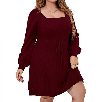 Womens Plus Size Long Sleeve Sweater Dress Fall Dresses Square Neck Knit Babydoll Casual Dresses