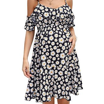 Womens v-Neck Spaghetti Strap Ruffle Sleeve Daisy Printed a-Line Tiered Flowy Swing Dress