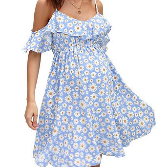 Womens v-Neck Spaghetti Strap Ruffle Sleeve Daisy Printed a-Line Tiered Flowy Swing Dress