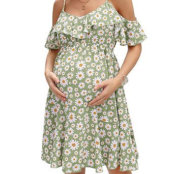 Womens v-Neck Spaghetti Strap Ruffle Sleeve Daisy Printed a-Line Tiered Flowy Swing Dress