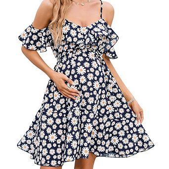 Womens v-Neck Spaghetti Strap Ruffle Sleeve Daisy Printed a-Line Tiered Flowy Swing Dress