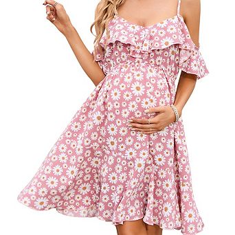 Womens v-Neck Spaghetti Strap Ruffle Sleeve Daisy Printed a-Line Tiered Flowy Swing Dress