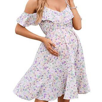 Womens v-Neck Spaghetti Strap Ruffle Sleeve Daisy Printed a-Line Tiered Flowy Swing Dress