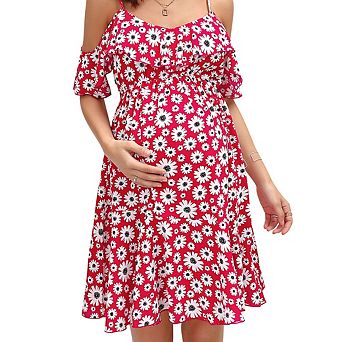 Womens v-Neck Spaghetti Strap Ruffle Sleeve Daisy Printed a-Line Tiered Flowy Swing Dress