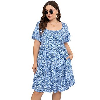 Women's Plus Size Floral Print Tiered Dress Short Sleeve Square Neck Casual Dress