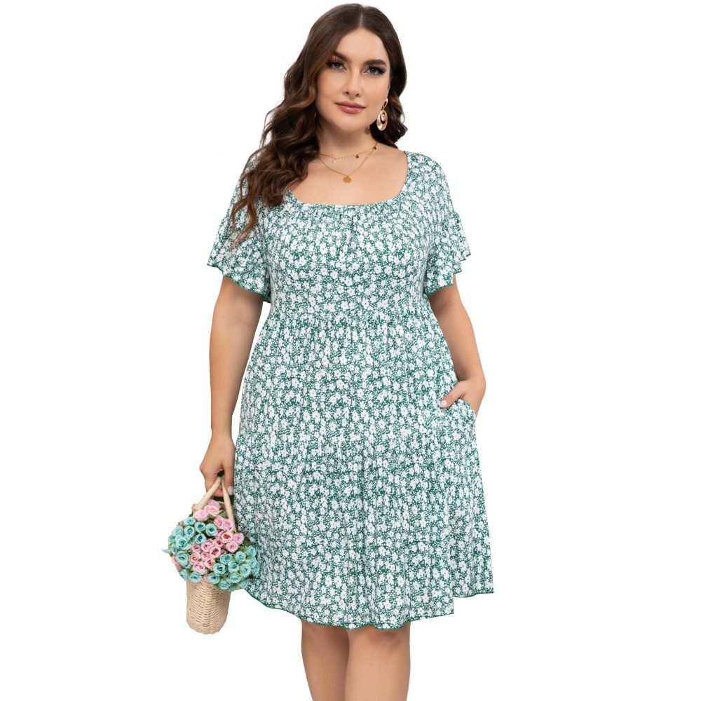 Женские платья Plus Size Floral Print Tiered Dress Short Sleeve Square Neck Casual Dress